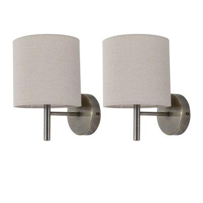 Set of 2 Brea - Antique Brass Wall Lights with Natural Linen Shade
