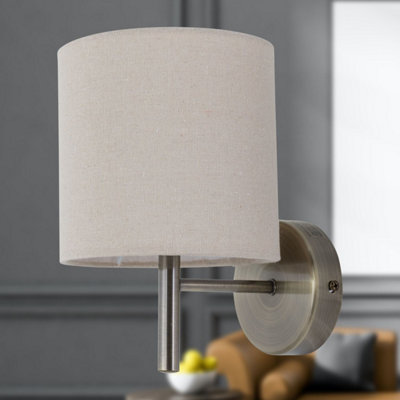 Set of 2 Brea - Antique Brass Wall Lights with Natural Linen Shade