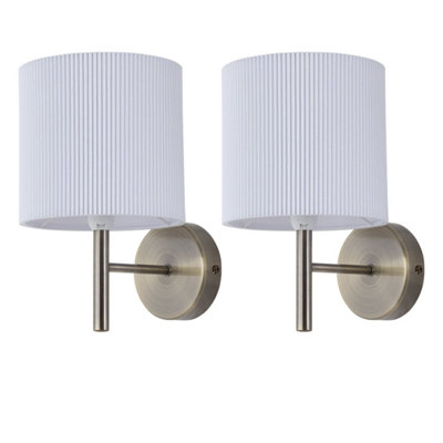 Set of 2 Brea - Antique Brass Wall Lights with White Pleated Shade