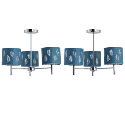Set of 2 Brea - Chrome 3 Light Fittings with Teal Fern Shades