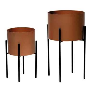Set of 2 Bronze/Copper Planter Pots with Metal Reversible Stands ...