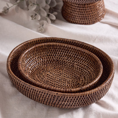 Set of 2 Brown Premium Rattan Small & Large Oval Kitchen Storage Basket