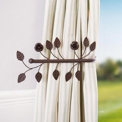 Set of 2 Brown Rose Cast Iron Curtain Hold Backs Vintage Style Floral Leaf Tie Backs Curtain Holder