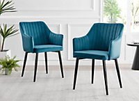 Set of 2 Calla Blue Deep Padded High Arm Soft Touch Stitched Velvet Black Powder Coated Leg Dining Chairs