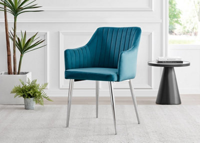 Set of 2 Calla Blue Deep Padded High Arm Soft Touch Stitched Velvet Silver Chrome Leg Dining Chairs