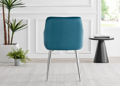 Set of 2 Calla Blue Deep Padded High Arm Soft Touch Stitched Velvet Silver Chrome Leg Dining Chairs