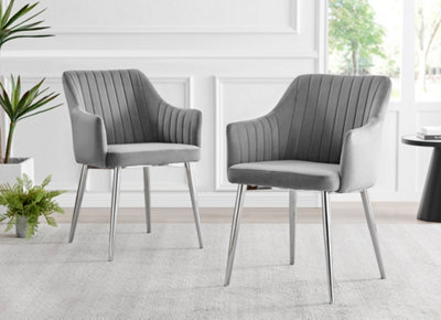 Set of 2 Calla Elephant Grey Deep Padded High Arm Soft Touch Stitched Velvet Silver Chrome Leg Dining Chairs
