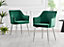 Set of 2 Calla Green Deep Padded High Arm Soft Touch Stitched Velvet Silver Chrome Leg Dining Chairs