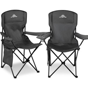 Set of 2 Camping Chair Lightweight Folding Portable with Cup Holder Side Pocket - Black
