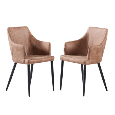 Set of 2 Cappuccino Zarah Modern Faux Leather Dining Chairs with Armrests and Black Metal Legs, Comfortable Accent Chair