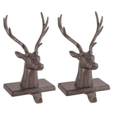 Set of 2 Cast Iron Black Christmas Head Stocking Holders