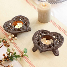 Set of 2 Cast Iron Heart Table Decor Centrepiece Christmas Décor Candle Holders