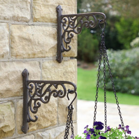 Set of 2 Cast Iron Ornate Scrolled Wall Bracket Outdoor Basket Hanger Garden Hanging Basket Bracket
