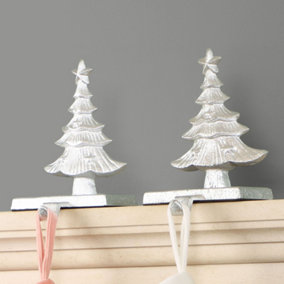 Set of 2 Cast Iron Silver Christmas Tree Stocking Holders