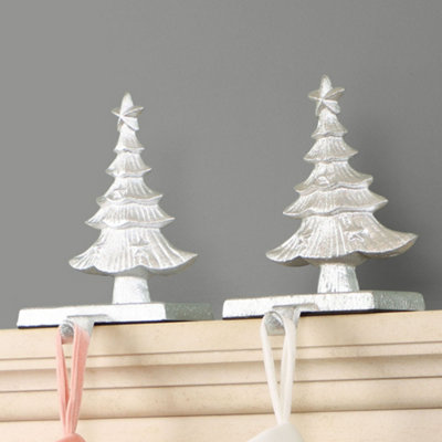 Set of 2 Cast Iron Silver Decorative Fireplace Stocking Holder Christmas Stocking Holders
