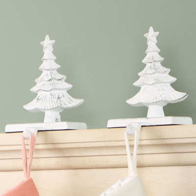 Set of 2 Cast Iron White Christmas Tree Stocking Holders