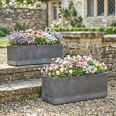 Set of 2 Charcoal Dusk Rib Fibreclay Summer Outdoor Garden Planters ...