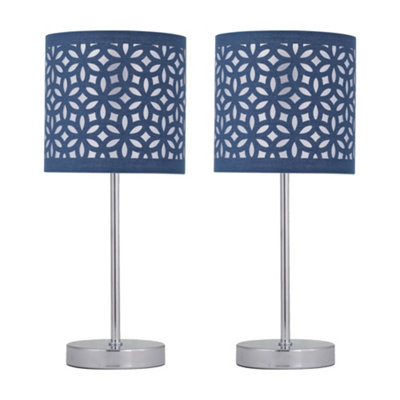 Set of 2 Chrome Touch Table Lamps with Navy Blue Cut Out Shades