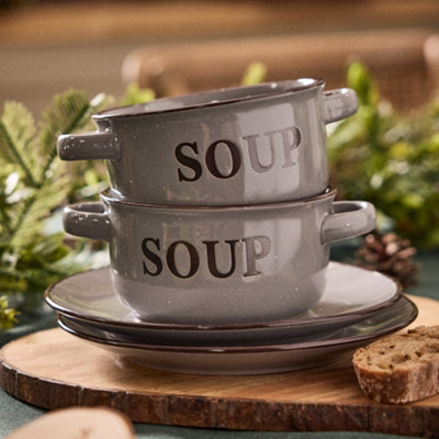 Set of 2 Classic Peppered Grey Soup Bowl and Bread Plate Sets