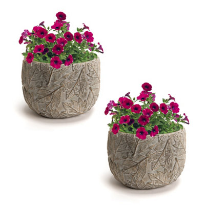 Set of 2 Contemporary Grey Leaf Embossed Large Flower Planter Indoor Outdoor Plant Pot (H) 14cm, (Dia)19cm