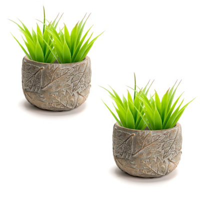 Set of 2 Contemporary Grey Leaf Embossed Small Flower Pots Planter Indoor Outdoor Garden Plant Pots (H) 11cm, (Dia)16cm