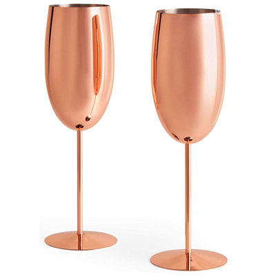 Set Of 2 Copper Stainless Steel Prosecco Glasses Tall Champagne Drinks Flutes