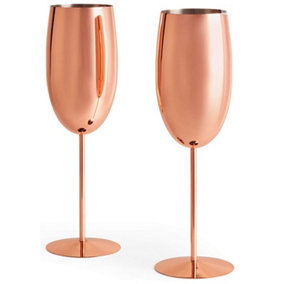 Set Of 2 Copper Stainless Steel Prosecco Glasses Tall Champagne Drinks Flutes