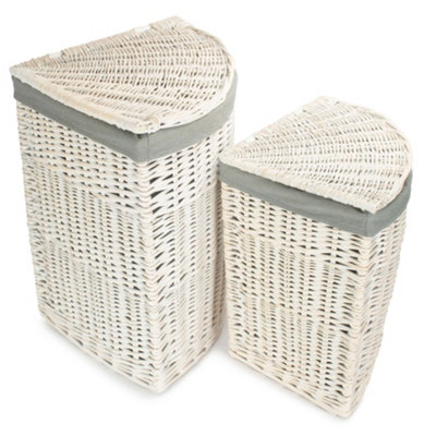 Set of 2 Corner White Wash Laundry Hamper with Grey Sage Lining