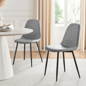 Set of 2 Corona Elephant Grey Soft Touch Diamond Stitched Faux Leather Black Powder Coated Leg Dining Chairs