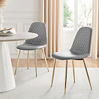 Set of 2 Corona Elephant Grey Soft Touch Diamond Stitched Faux Leather Gold Chrome Leg Dining Chairs