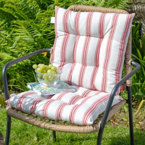 Set of 2 Country Style Red Striped Garden Seat Pads with Ties 40cm L x 40cm W