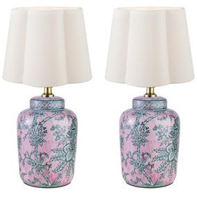 Set of 2 Courtfield Pink Floral Ceramic Room Décor Bedside Table Lamp Night Lamp, Table Lamp, Table Light with Scalloped Sha