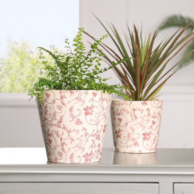 Set of 2 Crimson Floral Pot Hallway Room Table Decor Garden Planter Pots