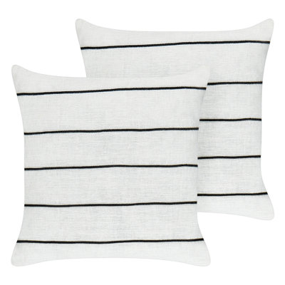 Set of 2 Cushions MILAS Linen 50 x 50 cm Striped Embroidery Black-White