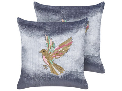 Set of 2 Cushions RUELLIA Velvet 45 x 45 cm Animal Embroidery Grey