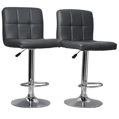 Set Of 2 Dark Grey Faux Leather Swivel Chairs Breakfast Bar Stool Chrome Gas Lift