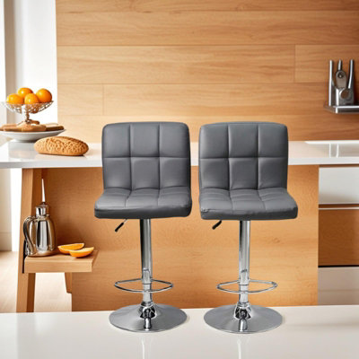 Set Of 2 Dark Grey Faux Leather Swivel Chairs Breakfast Bar Stool Chrome Gas Lift
