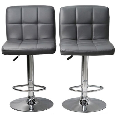 Set Of 2 Dark Grey Faux Leather Swivel Chairs Breakfast Bar Stool Chrome Gas Lift