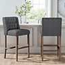 Set of 2 Dark Grey Rustic Bar Stools Linen Tufted Button High Chair with Wooden Legs