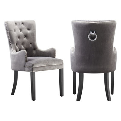 Set of 2 Dark Grey Velvet Dining Chairs with Armrest, Ergonomic Scoop Knockerback & Button Tufted Wood Legs