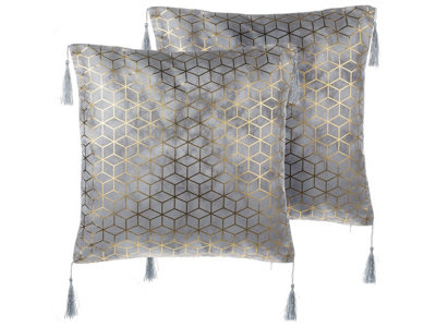 Set of 2 Decorative Cushions CAMELLIA 45 x 45 cm Grey Geometric Pattern