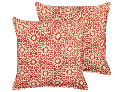 Set of 2 Decorative Cushions CEIBA Cotton 45 x 45 cm Red Geometric Pattern