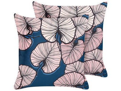 Set of 2 Decorative Cushions CHRYSANTHEMUM Velvet 45 x 45 cm Dark Blue Plant Pattern