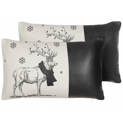 Set of 2 Decorative Cushions SVEN Faux Leather 30 x 50 cm Black Christmas Pattern