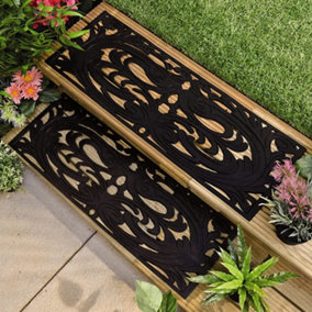 Set of 2 Decorative Rubber Step Mats - 75 x 25cm Wrought Iron Effect Indoor or Outdoor Weather Resistant Non Slip Mats