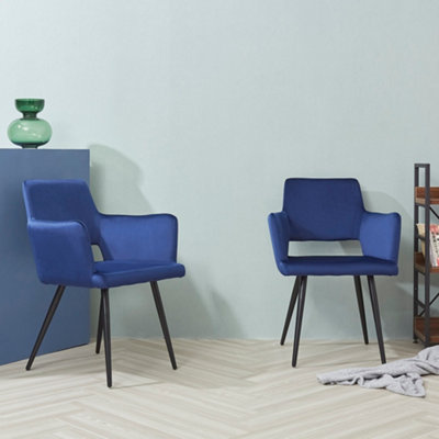 Set of 2 Deep Blue Velvet Dining Chairs, Hollow Back Navy Armchairs, Soft Padded, Black Metal Legs