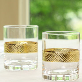 Set of 2 Diamond Embossed Gold Drinking Wine Cocktail Tumbler Glasses
