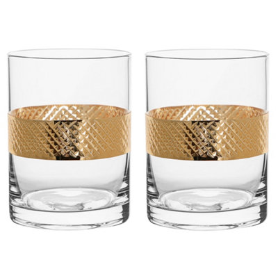 Set of 2 Diamond Embossed Gold Drinking Wine Cocktail Tumbler Glasses