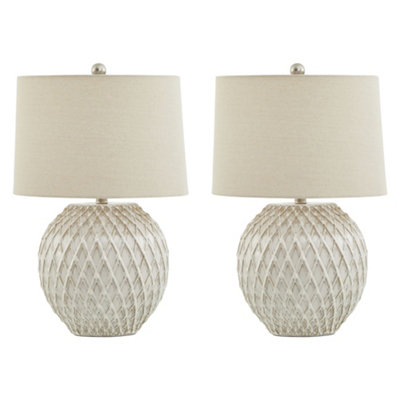 Set of 2 Diamond Relief Ceramic French Country Style Table Lamp with Linen Shade Bedside Table Night Light Home Table Lamp