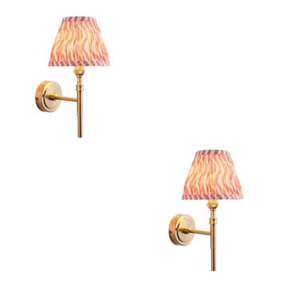 Set of 2 Dimmable Coral Pink Wall Lights with Brass Finish